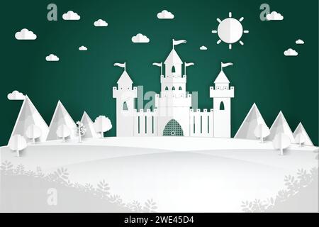 White paper castle Mountain landscape on pop up paper cut style, Vector illustration Stock Vector