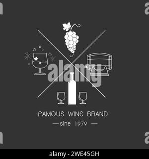 Set of wine labels. Elements for design on the wine theme. Collection of wine symbols: grape, bottle. Modern labels of wine. Emblems and logos of wine Stock Vector