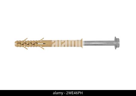 Macro shot yellow plastic dowel and self-tapping screw isolated on white background. Dowels. Wall plugs isolated on a white background. Yellow screw a Stock Photo