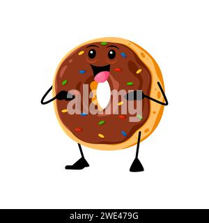 Cartoon cheerful donut breakfast character. Isolated vector bakery dessert personage with funny face. Bakehouse production, funny freshly baked doughnut with glaze and sprinkles. Bake house pastry Stock Vector