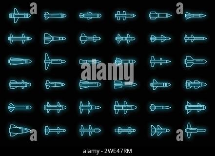 Air missile attack icons set. Outline set of air missile attack vector icons neon color on black Stock Vector