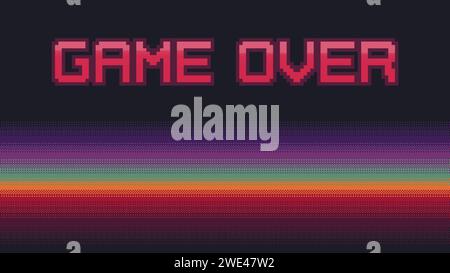 Retro Game Over pixel art text with vibrant colors gradient on dark. Dithering vector background Stock Vector