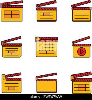 Cinema clapper icons set. Outline set of cinema clapper vector icons thin line color flat on white Stock Vector