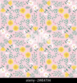 Floral Seamless Pattern of Flowers in Pink, White and Yellow, Square Symmetrical Design, for Textiles, Fabrics, Decoration, Papers Prints, Fashion Backgrounds, Wrapping, Packaging Stock Vector