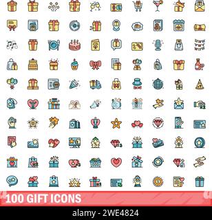 100 gift icons set. Color line set of gift vector icons thin line color flat on white Stock Vector