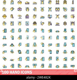 100 hand icons set. Color line set of hand vector icons thin line color flat on white Stock Vector