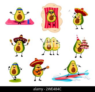 Cartoon funny mexican avocado characters. Vector set of meditating personage on yoga, relaxing on beach, wear sombrero, play maracas or guitar, celebrate birthday, riding surf board, jogging Stock Vector