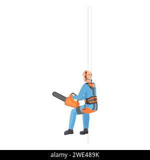 Rope access worker working at height, man in helmet and uniform holding electric saw vector illustration Stock Vector