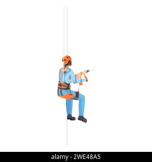 Professional rope access worker working at height with drill vector illustration Stock Vector