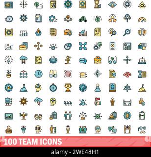 100 team icons set. Color line set of team vector icons thin line color flat on white Stock Vector