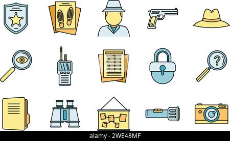 Police investigator icons set. Outline set of police investigator vector icons thin line color flat on white Stock Vector