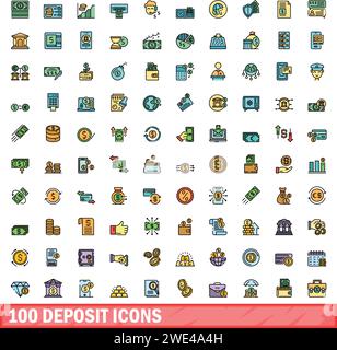 100 deposit icons set. Color line set of deposit vector icons thin line color flat on white Stock Vector