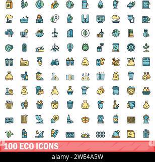 100 eco icons set. Color line set of eco vector icons thin line color flat on white Stock Vector