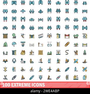 100 extreme icons set. Color line set of extreme vector icons thin line color flat on white Stock Vector