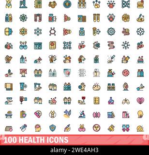 100 health icons set. Color line set of health vector icons thin line color flat on white Stock Vector