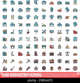 100 industry icons set. Color line set of industry vector icons thin line color flat on white Stock Vector