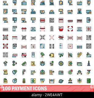 100 payment icons set. Color line set of payment vector icons thin line color flat on white Stock Vector