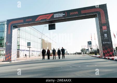 MADRID, SPAIN - JANUARY 23:from left to right, Vicente de los Mozos president of IFEMA MADRID, president of the Community of Madrid Isabel Diaz Ayuso, Stefano Domenicali president and CEO of Formula one, Jose Luis Martinez Almeida mayor of Madrid and Angel Asensio president of the Madrid Chamber of Commerce during presentation of the Formula One grand prix that will be held in Madrid starting in 2026 Credit: Guille Martinez/AFLO/Alamy Live News Stock Photo