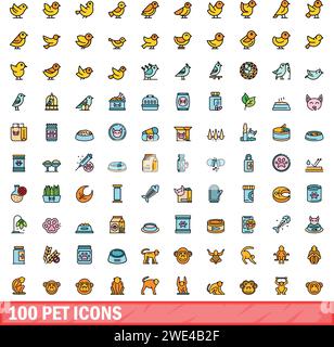 100 pet icons set. Color line set of pet vector icons thin line color flat on white Stock Vector