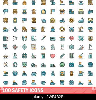 100 safety icons set. Color line set of safety vector icons thin line color flat on white Stock Vector