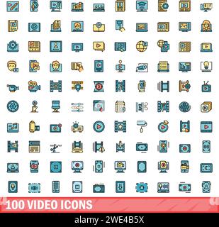 100 video icons set. Color line set of video vector icons thin line color flat on white Stock Vector