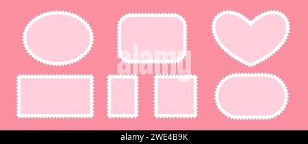 Valentines postage stamp set. Pink post stamp frames and borders. Heart, square and circle shapes for mail, postcard, letter. Vintage Jagged wavy edge forms for poster, banner, badge, sticker. Vector Stock Vector