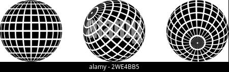 Black disco ball set. Collection of wireframe spheres in different angles. Grid globe or planet bundle. Outline mirrorball element pack for poster, banner, music cover, party. Vector illustration Stock Vector