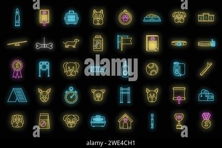 Dog handler trainer icons set. Outline set of dog handler trainer vector icons neon color on black Stock Vector