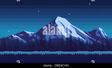 Pixel art mountain background at night. Grassy ground against the backdrop of a pine forest, snow-capped peaks and sky with stars. Horizontal seamless Stock Vector