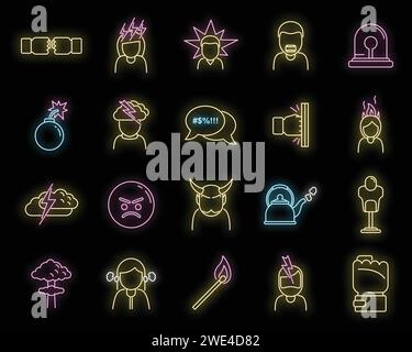 Rage icons set. Outline set of rage vector icons neon color on black ...