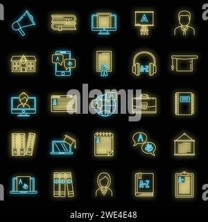 Modern foreign language teacher icons set. Outline set of modern foreign language teacher vector icons neon color on black Stock Vector