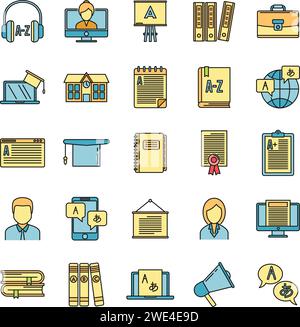 Modern foreign language teacher icons set. Outline set of modern foreign language teacher vector icons thin line color flat on white Stock Vector