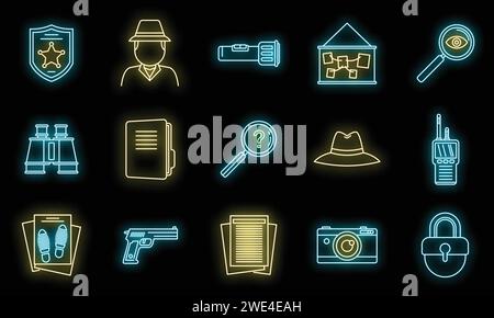 Police investigator icons set. Outline set of police investigator vector icons neon color on black Stock Vector