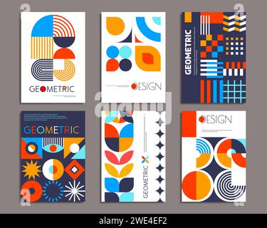 Modern abstract geometric pattern posters. Vector backgrounds, cover templates with , retro minimal geometry shapes, forms, lines in vibrant color for exhibit art, magazine, journal, album designs Stock Vector