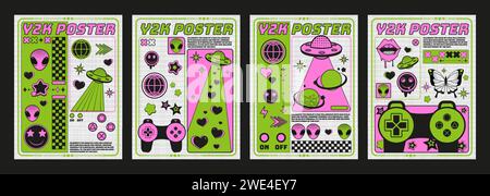 Y2k poster design with retro elements of alien face and ufo, gamepad and smileys, heart and star shapes. Vector set of retro 2000s aesthetic style banner or cover with vintage images and text. Stock Vector