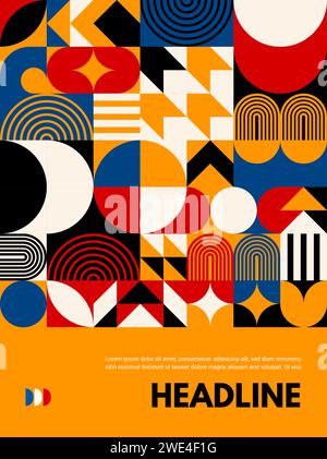Modern abstract poster with geometric Bauhaus pattern. Vector contemporary background featuring a vibrant orange, red, blue and white colors, showcasing modern design principles with a dynamic fusion Stock Vector