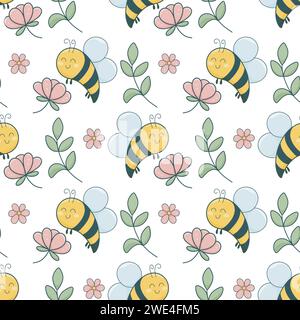 Floral summer seamless pattern with bees. Cute spring background with flowers, leaf and bees. Botanical floral print for baby textiles, packaging Stock Vector