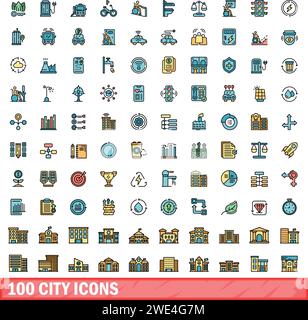 100 city icons set. Color line set of city vector icons thin line color flat on white Stock Vector