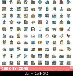 100 city icons set. Color line set of city vector icons thin line color flat on white Stock Vector