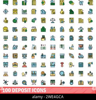 100 deposit icons set. Color line set of deposit vector icons thin line color flat on white Stock Vector
