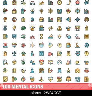 100 mental icons set. Color line set of mental vector icons thin line color flat on white Stock Vector