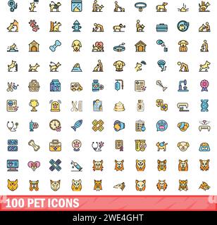 100 pet icons set. Color line set of pet vector icons thin line color flat on white Stock Vector