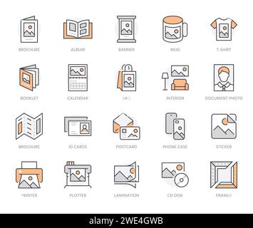 Photo printing line icon set. Brand identity printed on products like brochure, banner, mug, plotter vector illustrations. Simple outline signs for Stock Vector