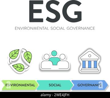 ESG environmental, social, and governance strategy infographic illustration banner template with icon vector. Sustainability, ethics, and corporate re Stock Vector