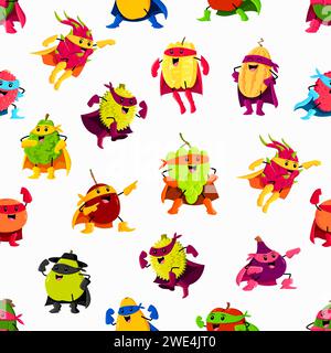 Cartoon fruit superhero and defender characters seamless pattern. Vector tile background with dragon or star fruit, durian, melon, grape. Pear, figs, mango, apple and bergamot, lychee, orange, feijoa Stock Vector