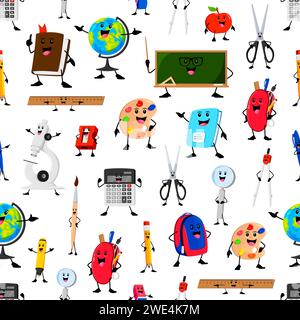 Cheerful funny school stationery characters seamless pattern. Vector tile with cartoon pencil case, calculator, microscope, pen or scissors. Globe, ruler, paint palette and blackboard, textbook or bag Stock Vector