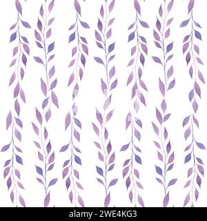 watercolor seamless pattern ornament with blue branches and flax flowers Stock Photo