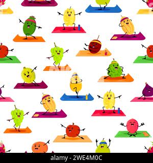 Cartoon fruits characters on yoga fitness seamless pattern. Vector background with feijoa, passion or star fruit. Grapes, mango, lychee and figs, melon, durian bergamot and orange exercising on mats Stock Vector