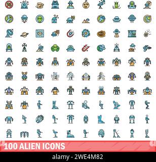 100 alien icons set. Color line set of alien vector icons thin line color flat on white Stock Vector
