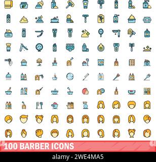100 barber icons set. Color line set of barber vector icons thin line color flat on white Stock Vector